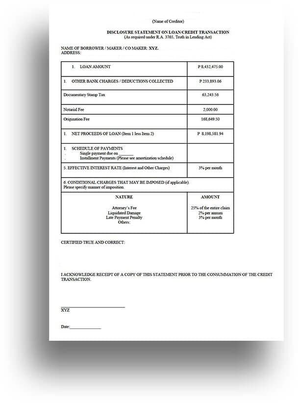 Disclosure statement on Loan/Credit Transaction Document